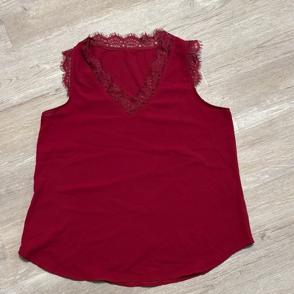 None Tops - Chic Lace-Trimmed Burgundy Blouse
